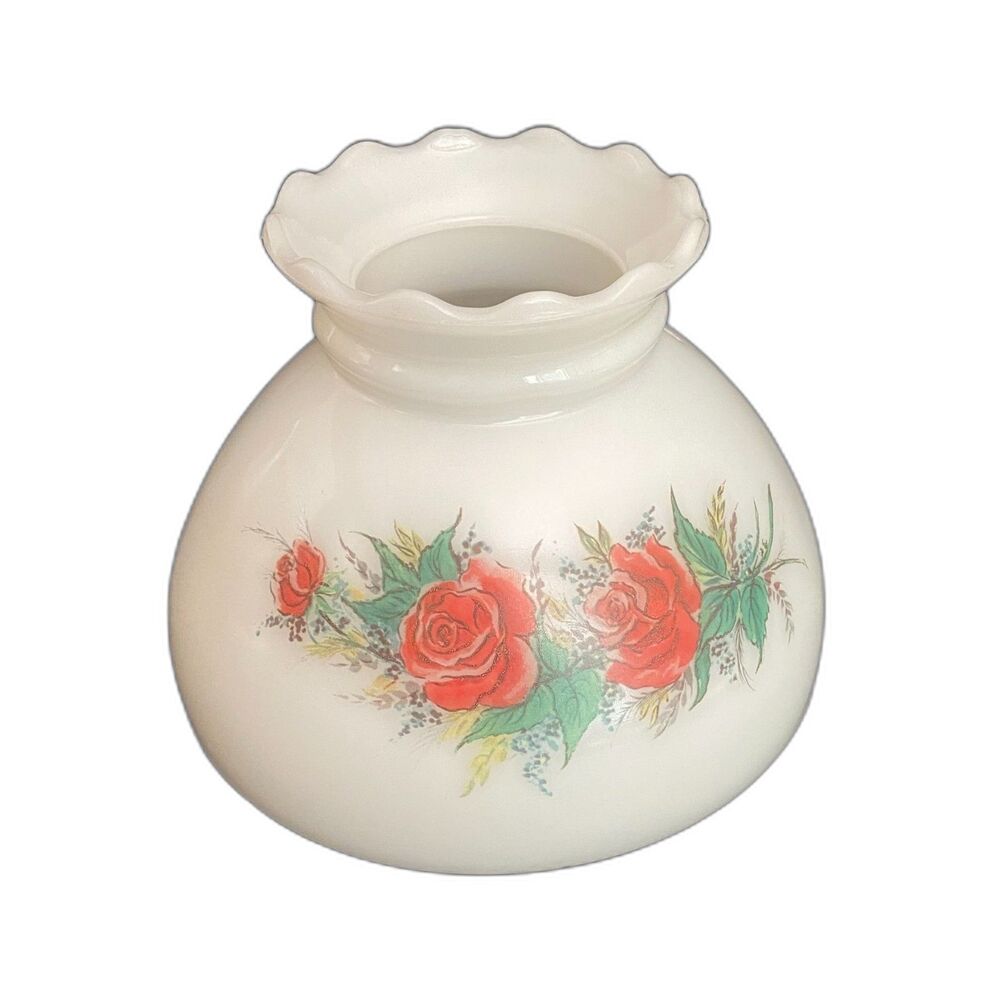 VTG White Milk Glass Hurricane Lamp Shade Ruffle Top Rose Floral Design